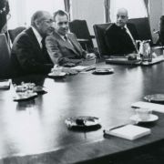 Max M. Fisher in a meeting with President Richard Nixon and others during the Rogers Plan negotiations. 