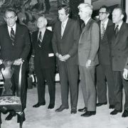 Max Fisher, Gerald Ford and other members of the UJA and the State Department signing the contract in the Thomas Jefferson Room of the State Dept. Building.