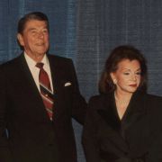 A commemorative portrait of Max Fisher with President Reagan and Marjorie Fisher at Max's 80th birthday celebration.